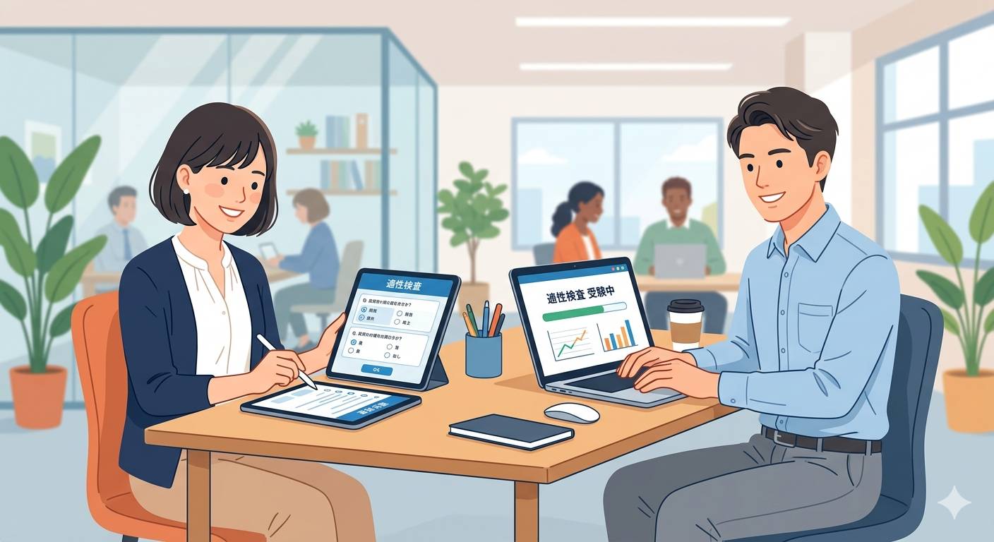 オフィスで適性検査を受検する社員と、結果を確認する人事担当者のイラスト